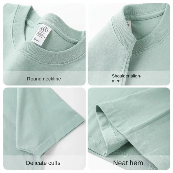 ⁦Summer Light Green Heavy Weight 300G Short Sleeved T-shirt Cotton Men's Loose Casual Base Shirt Korean Tee Women's⁩ - الصورة ⁦4⁩