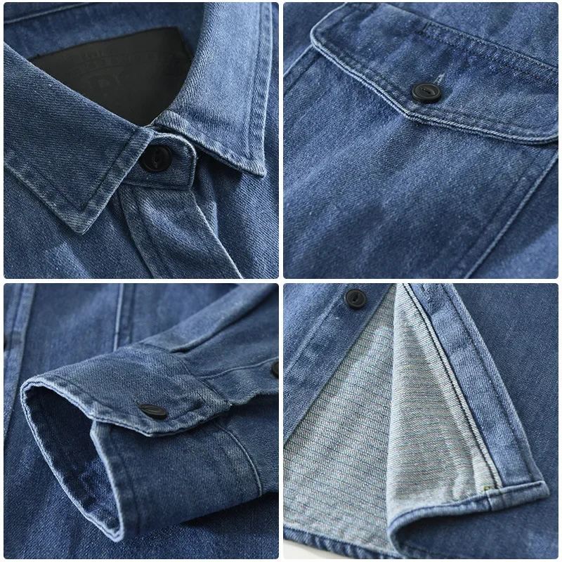 Spring New Denim 100% Cotton Long Sleeve Shirts for Men Clothing Casual Turn-down Collar Soft White Shirt CM8887 - الصورة 4