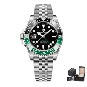 ساعة يد ميكانيكية للرجال من زجاج الياقوت المقاوم للصدأ من الفولاذ المقاوم للصدأ مع تصميم باجاني فاخرة من GMT<span> - </span>jubilee-black-green