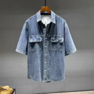 Summer New Men's Denim Short-sleeved Shirt Retro Large Size Tooling Loose Casual Denim Tops All-match 7XL 8XL<span> - </span>Light Blue, L
