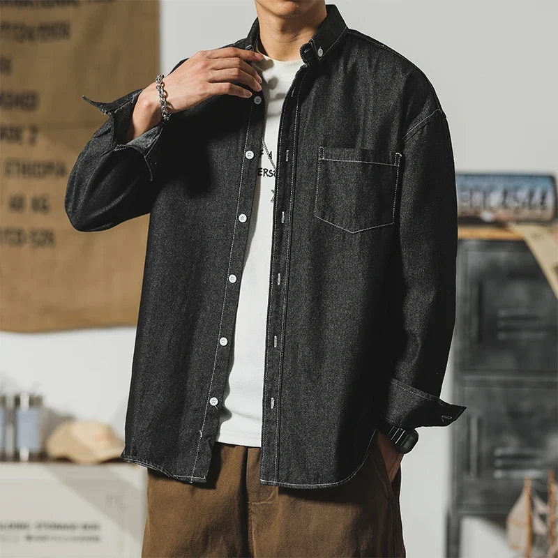 Brand Clothing Autumn Cotton Denim Shirt Men Retro Japanese Harajuku Korea Daily Black Blue Male Casual Long-sleeved Shirt S 4XL - Image 3