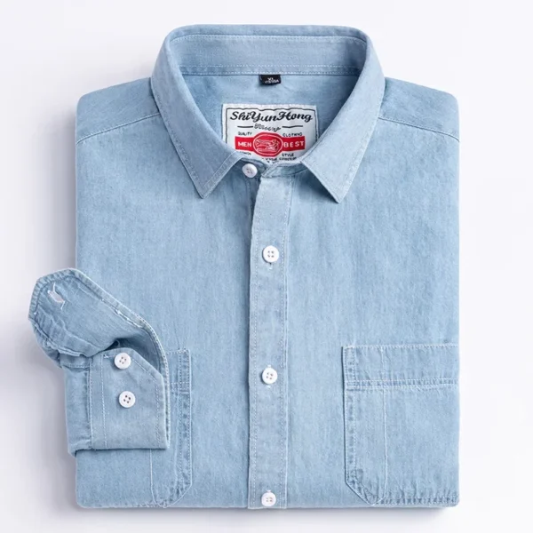 2023 Denim Pocket Design Shirt Classic 100% Cotton Long-Sleeve Fashion Embroider Comfortable Clothes