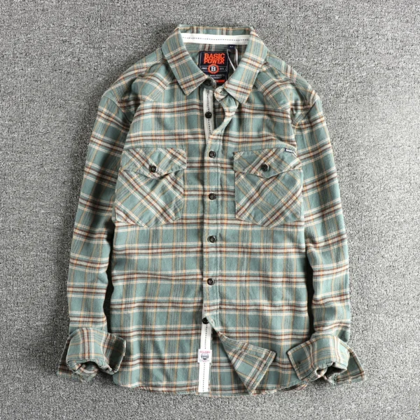 100% cotton woven wool fabric American retro men's shirt long sleeve autumn and winter thick fashion high street casual shirt - Image 2
