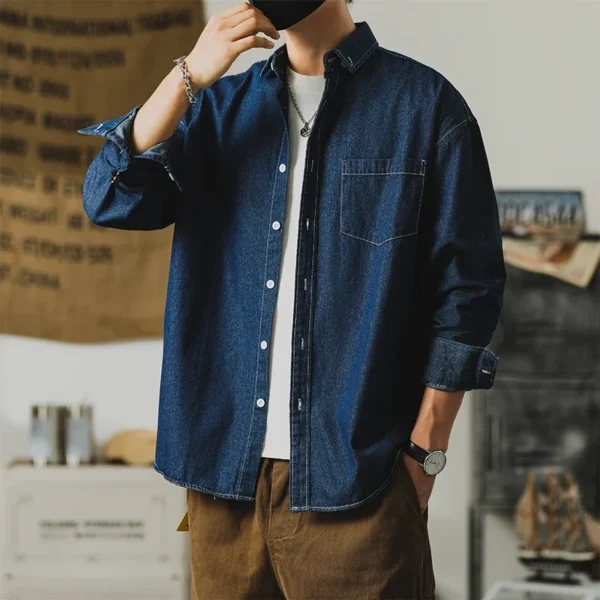 Autumn New Men's Long Sleeve Denim Shirt Classic Black Blue Loose Lapel Collar Coats Fashion Korean High Street Male Clothes Top - Image 3