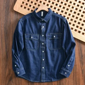 New Style American Men's Denim Long Sleeve Shirt Jacket Loose Fit Casual Spring Autumn Pocket Shirt For Working<span> - </span>Dark blue, 3XL