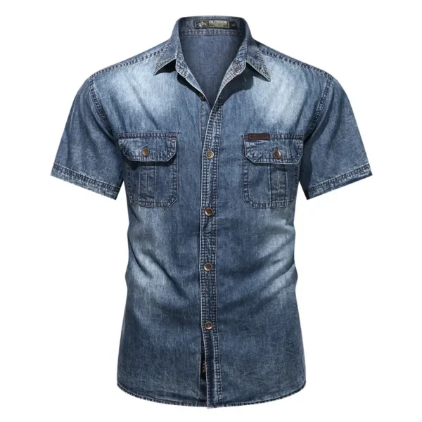 2024 Summer Men's Denim Shirts Short Sleeve Cotton Cowboy Shirt 5XL Oversized Solid Vintage Causal Shirt Men's Clothing AF5010 - Image 2