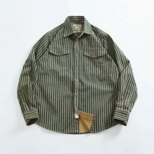 Nostalgic wash to do old blue vertical stripe denim shirt men loose American long-sleeved overalls shirt coat<span> - </span>Nostalgia blue, L