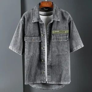 New Summer Men's Denim Short Sleeve Shirt Loose Casual Cotton Men's Shirt Workwear Short Sleeve Trend Streetwear men clothing<span> - </span>Grey, M