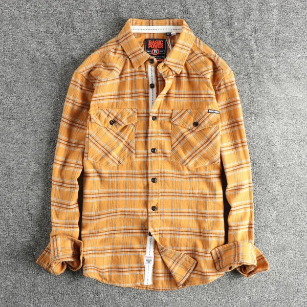 100% cotton woven wool fabric American retro men's shirt long sleeve autumn and winter thick fashion high street casual shirt - Image 3