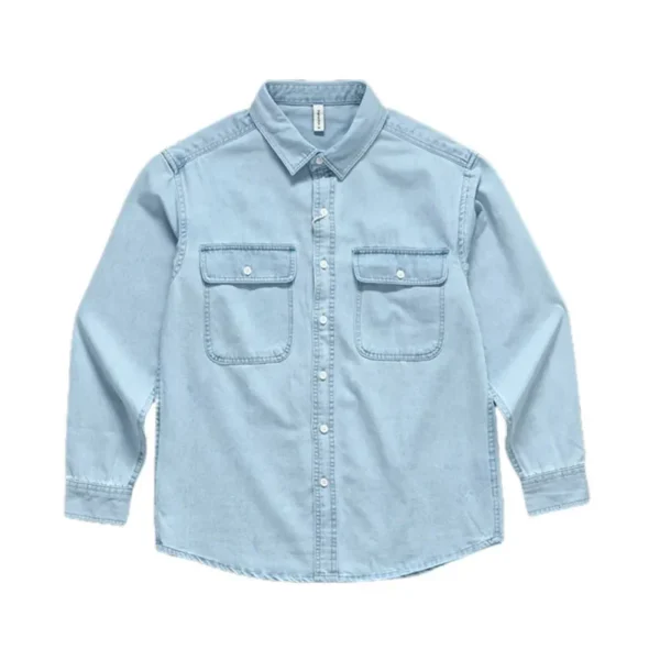 ⁦Spring And Autumn Men's Denim Long Sleeved Shirt With Double Pockets American Work Style Loose Fitting Washed Denim Shirt Jacket⁩ - الصورة ⁦3⁩