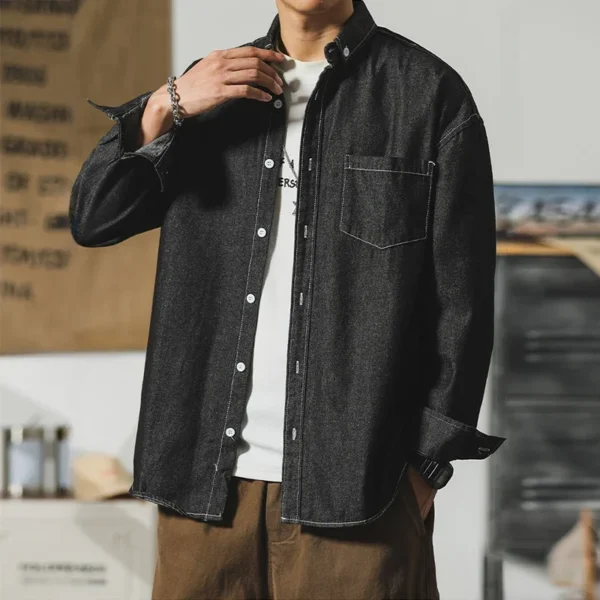 Autumn New Men's Long Sleeve Denim Shirt Classic Black Blue Loose Lapel Collar Coats Fashion Korean High Street Male Clothes Top - Image 6