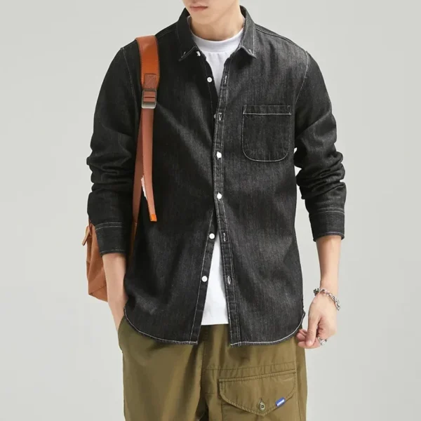 ⁦New Four Seasons Men's Long Sleeve Denim Shirt Cotton Jacket No Ironing Casual Social Comfortable and Breathable 3 Colors⁩ - الصورة ⁦5⁩