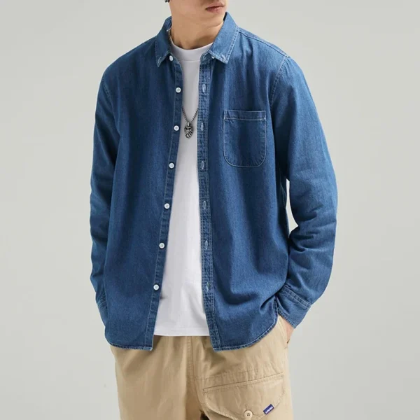 2024 New Men's 100% Cotton Denim Shirt Fashion Black Light Blue Japanese Casual Slim Spring Autumn Long Sleeve Shirts - Image 4