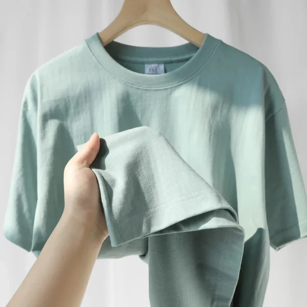 ⁦Summer Light Green Heavy Weight 300G Short Sleeved T-shirt Cotton Men's Loose Casual Base Shirt Korean Tee Women's⁩ - الصورة ⁦3⁩