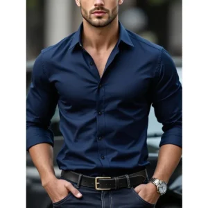 Bolubao Men Smart Casual Shirt Brand Fashion Solid Color Long Sleeve Elastic Fabric Male Business Dress Black Shirt<span> - </span>navy, M