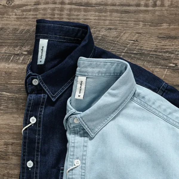 ⁦Spring And Autumn Men's Denim Long Sleeved Shirt With Double Pockets American Work Style Loose Fitting Washed Denim Shirt Jacket⁩ - الصورة ⁦4⁩
