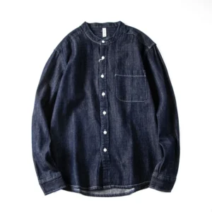 2024 Spring Autumn Casual Loose Washed Denim Collarless Shirts for Men Long Sleeve Japan Vintage Workwear Tops Coats Youth Male<span> - </span>Deep Blue, L