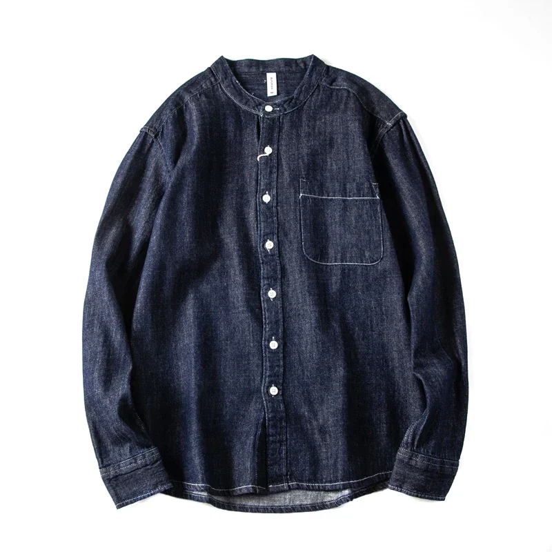 2024 Spring Autumn Casual Loose Washed Denim Collarless Shirts for Men Long Sleeve Japan Vintage Workwear Tops Coats Youth Male