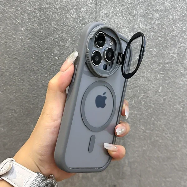 ⁦Fold Glass Lens Stand Magnetic Transparent Case For iPhone 17 16 15 14 13 12 11 Pro Max For Magsafe Wrist Strap Shockproof Cover⁩ - الصورة ⁦4⁩