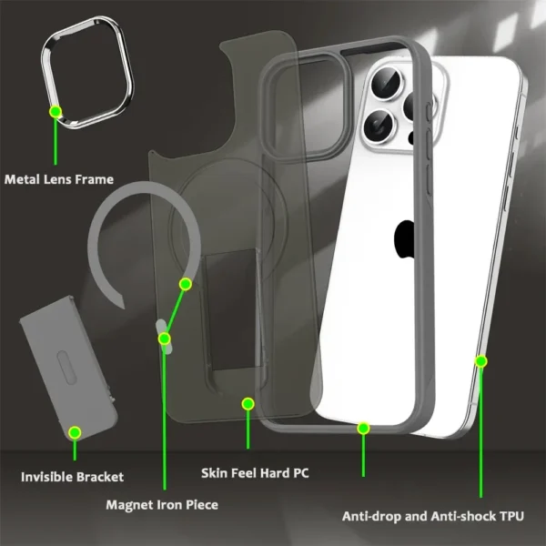 ⁦Luxury For Magsafe Folding Stand Magnetic Phone Case For iPhone 17 16 15 14 13 12 Pro Max Plus Matte Translucent Back Cover Caps⁩ - الصورة ⁦2⁩
