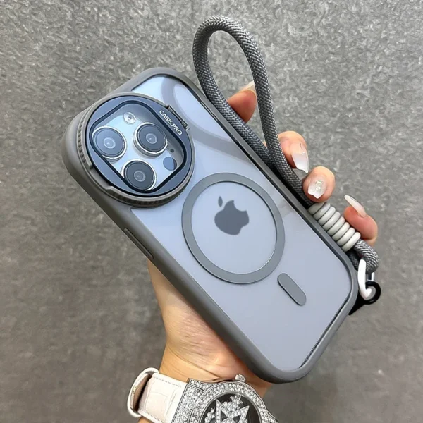 ⁦Fold Glass Lens Stand Magnetic Transparent Case For iPhone 17 16 15 14 13 12 11 Pro Max For Magsafe Wrist Strap Shockproof Cover⁩ - الصورة ⁦2⁩