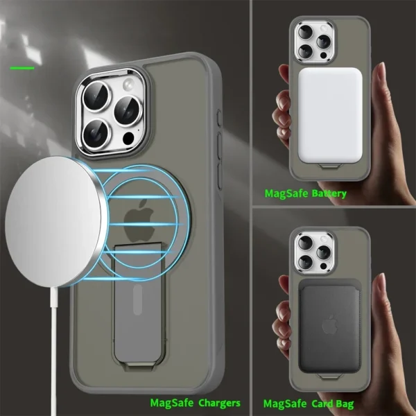 ⁦Luxury For Magsafe Folding Stand Magnetic Phone Case For iPhone 17 16 15 14 13 12 Pro Max Plus Matte Translucent Back Cover Caps⁩ - الصورة ⁦3⁩