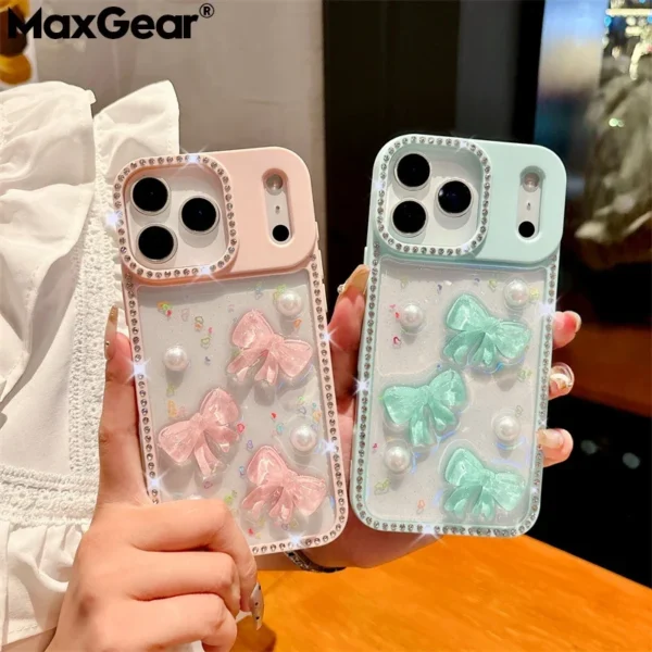 Transparent Candy Glitter Bling Flash Diamond Cute Bow Phone Cases For Apple iPhone 17 Air 16 15 14 13 Pro Max Shockproof Cover