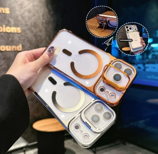 ⁦New Metal Stand Lens Protection Clear Magsafe Phone Case For iPhone 17 17 Air 17Pro 17 Pro Max Magnetic Wireless Charge Cover⁩ - الصورة ⁦6⁩