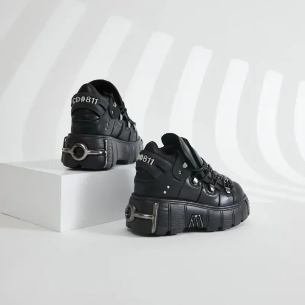 ⁦Women's Punk Style Leather Shoes Lace-up Heel Height 6CM Platform Female Gothic Ankle Boots PU Biker Boots Thick Bottom Sneakers⁩ - الصورة ⁦5⁩