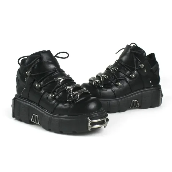 ⁦Women's Punk Style Leather Shoes Lace-up Heel Height 6CM Platform Female Gothic Ankle Boots PU Biker Boots Thick Bottom Sneakers⁩ - الصورة ⁦2⁩