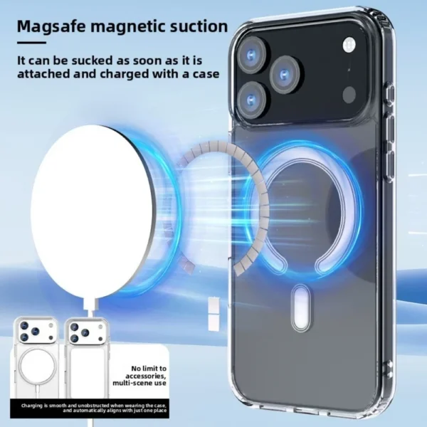 ⁦New Clear Anti Drop For iPhone 17 Air 16 Pro Max 15 14 13 12 11 Material Non yellowing Magnetic Charging Macsafe Protective Case⁩ - الصورة ⁦2⁩