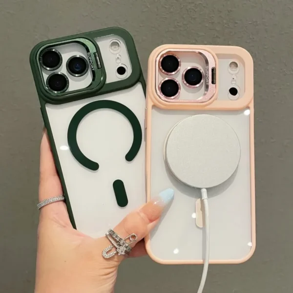 ⁦Transparent Case For iPhone 17 Air 16 15 14 Plus 13 12 11 Pro Max For Magsafe Wireless Charge Camera Stand Holder Lens Cover⁩ - الصورة ⁦4⁩