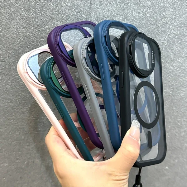 ⁦Fold Glass Lens Stand Magnetic Transparent Case For iPhone 17 16 15 14 13 12 11 Pro Max For Magsafe Wrist Strap Shockproof Cover⁩ - الصورة ⁦5⁩