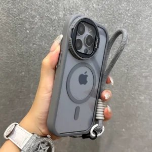 Fold Glass Lens Stand Magnetic Transparent Case For iPhone 17 16 15 14 13 12 11 Pro Max For Magsafe Wrist Strap Shockproof Cover<span> - </span>Gray, For iPhone 11