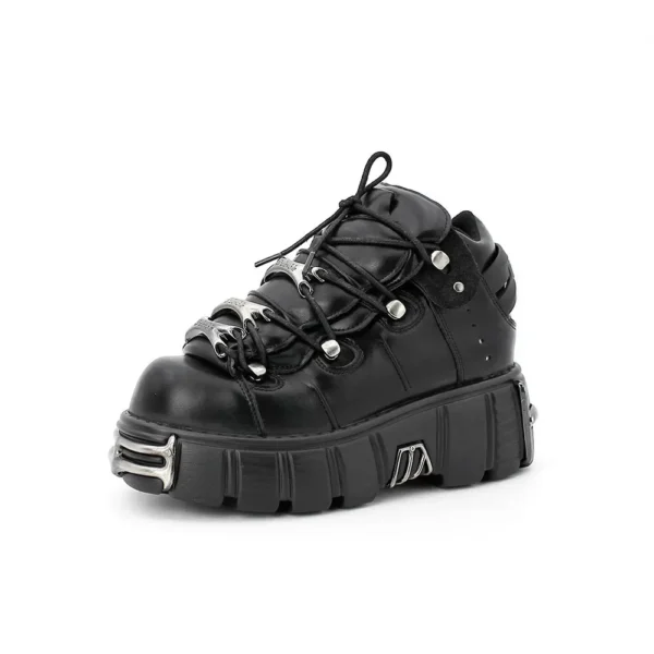 ⁦Women's Punk Style Leather Shoes Lace-up Heel Height 6CM Platform Female Gothic Ankle Boots PU Biker Boots Thick Bottom Sneakers⁩ - الصورة ⁦4⁩