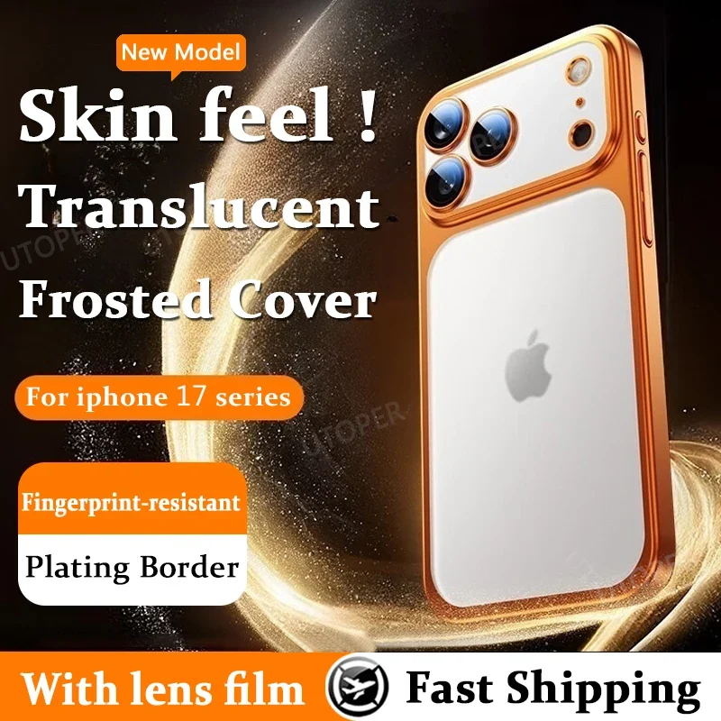 17 Pro Max Plating New Orange Simple Translucent with Lens Film Case for iPhone 17 Pro Max All-inclusive Anti-fall Damping Cover