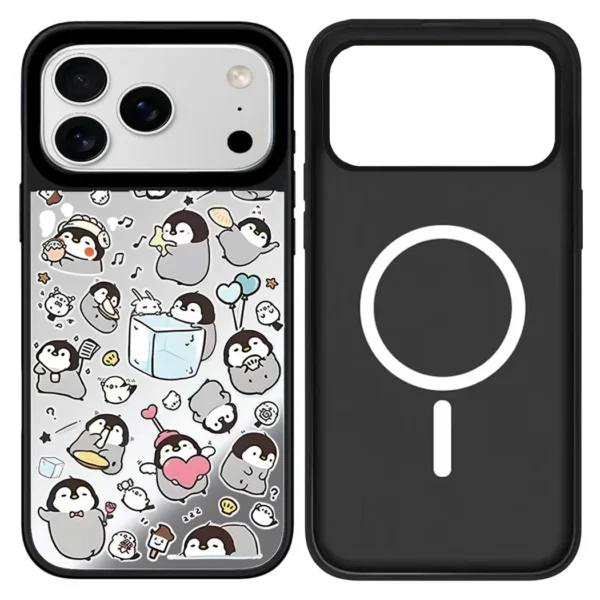 ⁦Cartoon Penguin Mirror Surface Cover for iPhone 12 13 14 15 16 17 Pro Max 17 Air Case - Protective Magnetic Case⁩ - الصورة ⁦3⁩