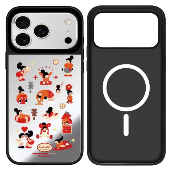 ⁦Girl Fitness Cartoon Mirror Surface Cover for iPhone 12 13 14 15 16 17 Pro Max 17 Air Case - Protective Magnetic Case⁩ - الصورة ⁦4⁩