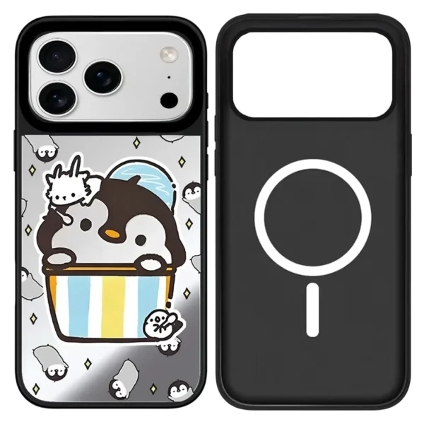 Cartoon Penguin Mirror Surface Cover for iPhone 12 13 14 15 16 17 Pro Max 17 Air Case - Protective Magnetic Case