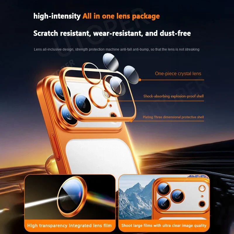 17 Pro Max Plating New Orange Simple Translucent with Lens Film Case for iPhone 17 Pro Max All-inclusive Anti-fall Damping Cover - الصورة 3
