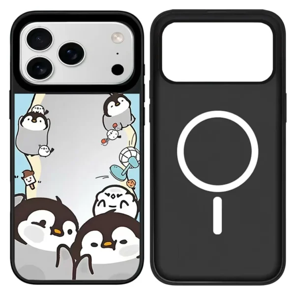 ⁦Cartoon Penguin Mirror Surface Cover for iPhone 12 13 14 15 16 17 Pro Max 17 Air Case - Protective Magnetic Case⁩ - الصورة ⁦4⁩