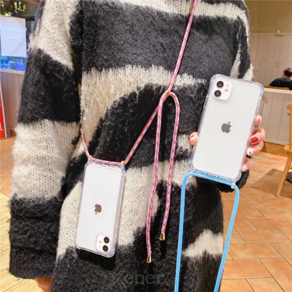 ⁦Crossbody Necklace Cord Lanyard Case For iPhone 17 16 15 13 Pro Max 12 Mini 11 14 Plus Strap Hang Rope Transparent Phone Cover⁩ - الصورة ⁦6⁩