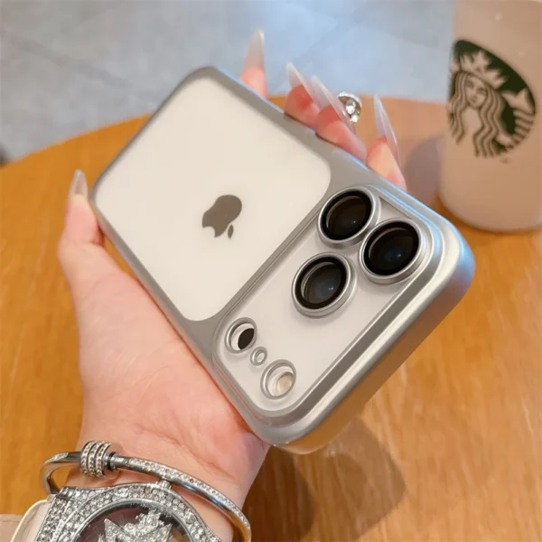 ⁦Luxury Frosted Transparent Matte Phone Case For iPhone 17 Pro Max Full Lens Protection Metallic Color Frame Armor Back Cover⁩ - الصورة ⁦4⁩