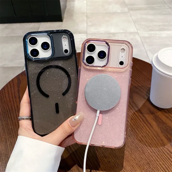 ⁦Glitter Magnetic Wireless Charging Candy Color Case for iPhone 17 Pro Max 17 Air for Magsafe Metal Lens Frame Bling Cover Funda⁩ - الصورة ⁦2⁩