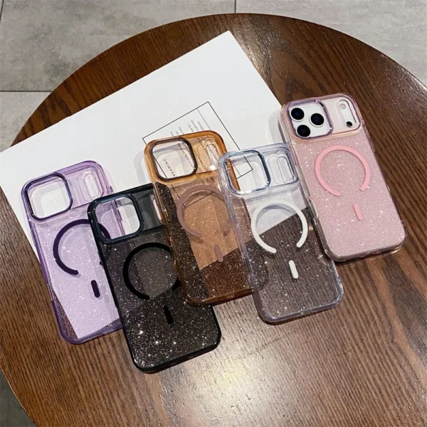 ⁦Glitter Magnetic Wireless Charging Candy Color Case for iPhone 17 Pro Max 17 Air for Magsafe Metal Lens Frame Bling Cover Funda⁩ - الصورة ⁦6⁩