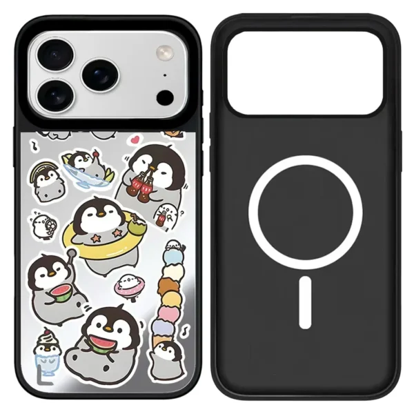 ⁦Cartoon Penguin Mirror Surface Cover for iPhone 12 13 14 15 16 17 Pro Max 17 Air Case - Protective Magnetic Case⁩ - الصورة ⁦2⁩