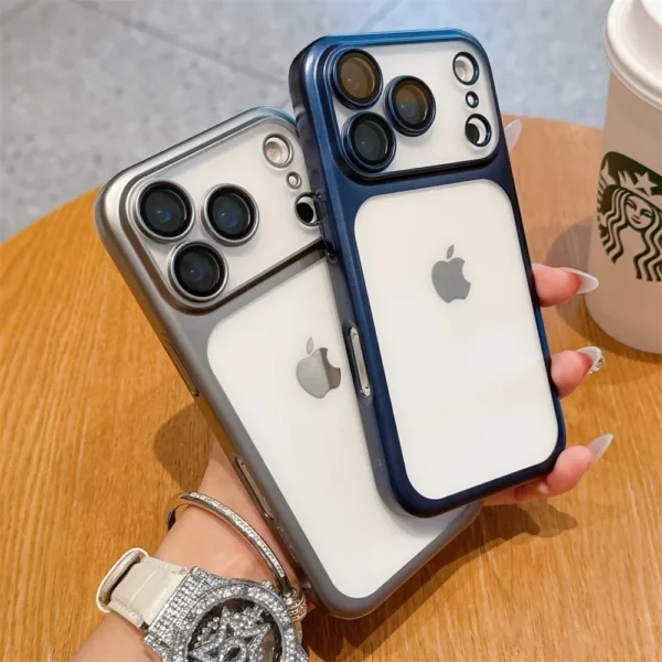 ⁦Luxury Frosted Transparent Matte Phone Case For iPhone 17 Pro Max Full Lens Protection Metallic Color Frame Armor Back Cover⁩ - الصورة ⁦3⁩