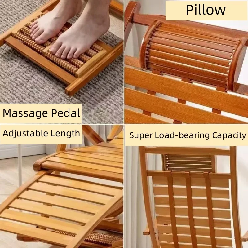 كرسي هزاز من الخيزران الطبيعي مع دواسة قدم للتدليك، كرسي صالة قابل للطي للسفر، أثاث خارجي، غرفة المعيشة، غرفة النوم - الصورة 3