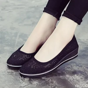 2025 new Summer Mid Wedge Heel comfortable shoes Lace Hollow Breathable Solid color Fashionable Women's Flat Shoes