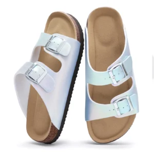 Gacimy Women's Cork Footbed Slippers Fashion Gradient Leather Mules Sandals With Adjustable Buckle Summer New Lady Clogs Slides